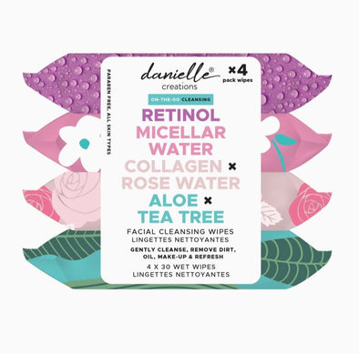 Danielle Facial Cleansing Wipes 4 pack - Retinol, Micellar Water, Collagen Rosewater, Aloe Tea Tree