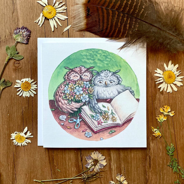 Aubree Sue Art Greeting Card - "Feathers & Flowers" Owls & Pressed Flowers