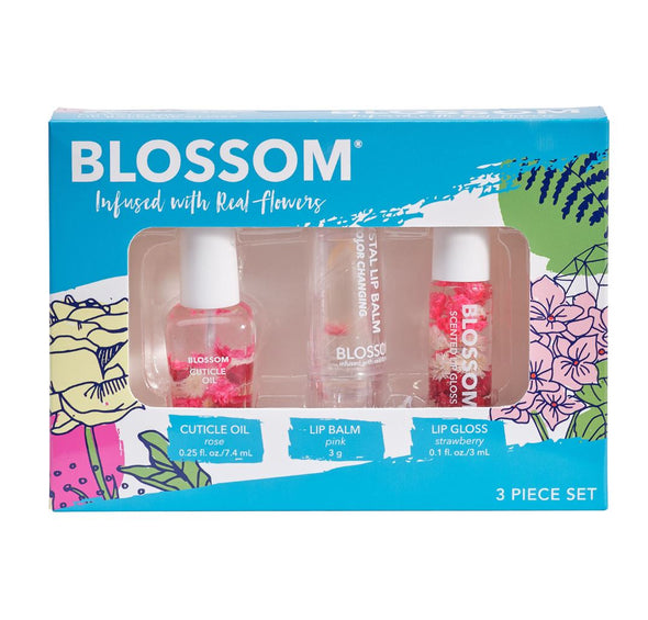 Blossom Moisturizing Lip Gloss, Lip Balm & Cuticle Oil Gift Set of 3