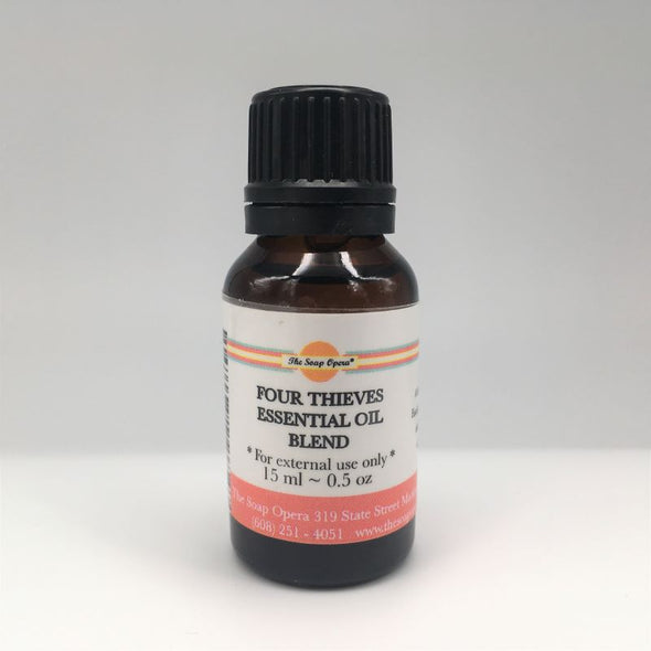 The Soap Opera’s Four Thieves Essential Oil Blend is made from a rich and spicy blend of Clove, Eucalyptus, Rosemary, and Cinnamon.