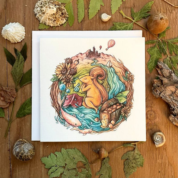 aubree sue art greeting card, square, illustration of sleeping squirrel with dreams surrounding them, castle balloon sunflowers acorns koi fish treasure chest butterfly caterpillar sailboat, book lover, with evelope, blank inside