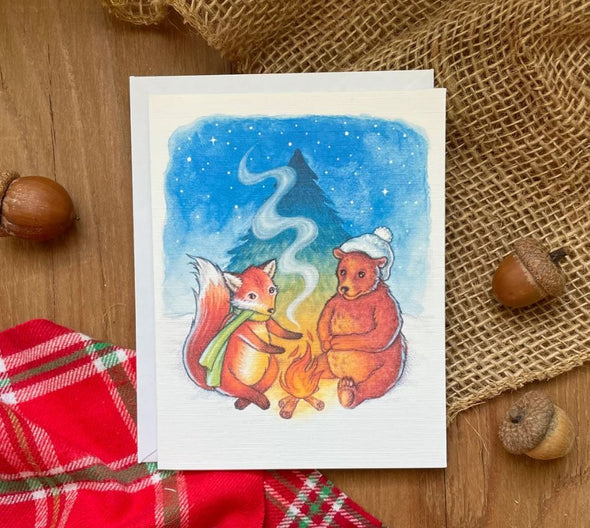 Aubree Sue Art Holiday Greeting Card - "Warm & Cozy Holiday" Campfire Fox & Bear