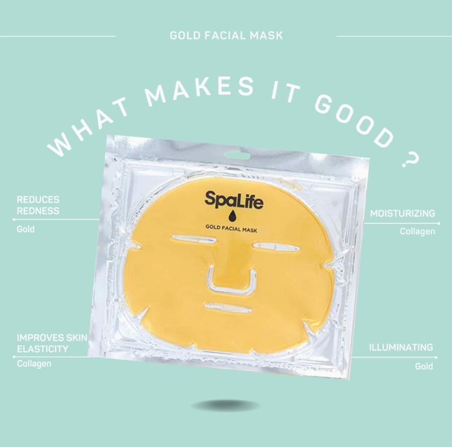 gold face mask including benefits such as skin elasticity, reduce redness, moisturizing