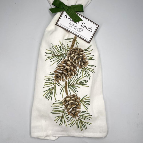 Mary Lake-Thompson Holiday Flour Sack Towel Set of 2 - Pine Embroidery