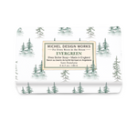 Michel Design Works shea butter soap bar, featuring elegant botanical packaging with detailed artwork of an evergreen forest theme.