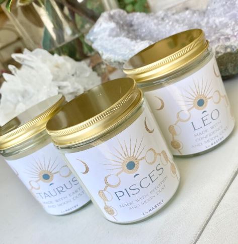 Lunastry Moon Phase Zodiac Crystal Soy Wax Jar Candle 9oz