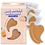 A box of brown heart shaped under eye masks with caffeine and vanilla scent.