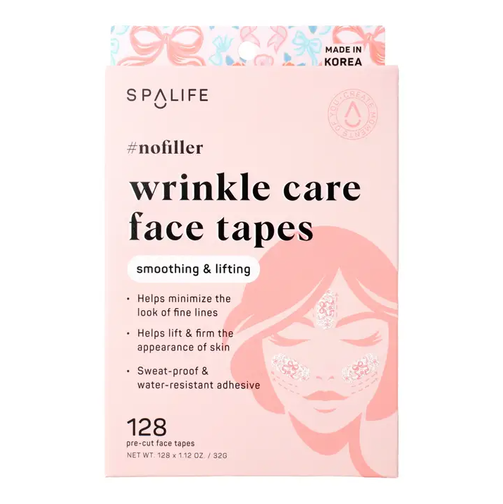Pink box packaging of wrinkle care face tapes, 128 face tapes