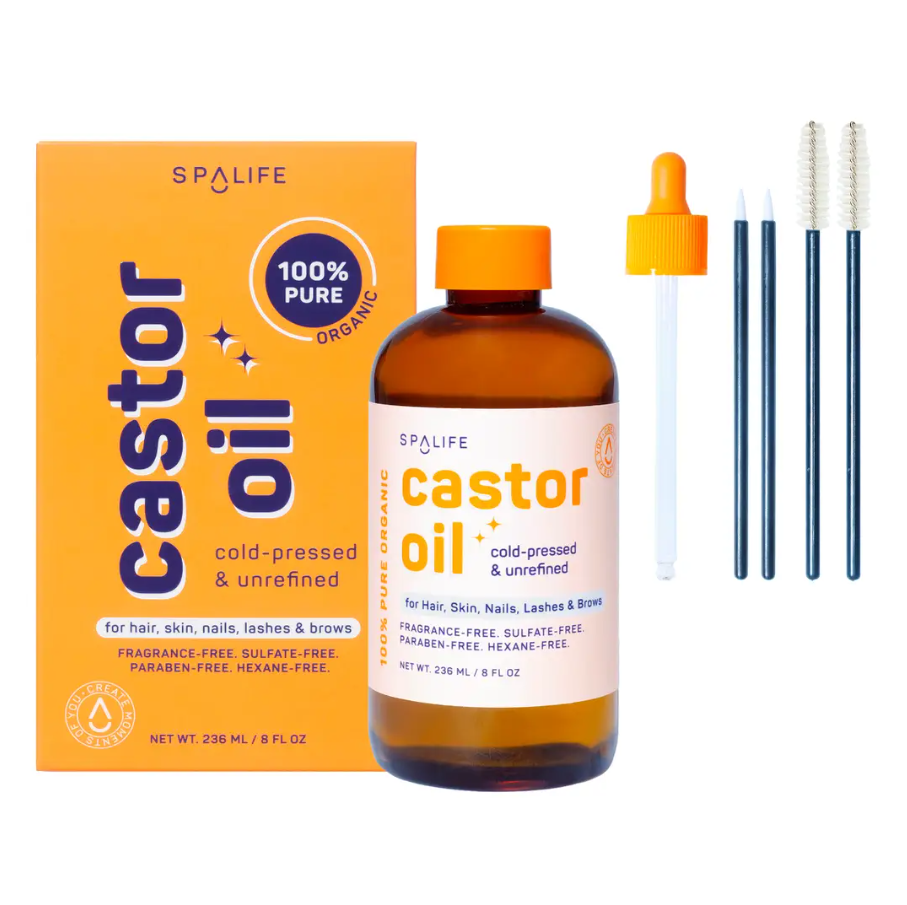 SpaLife castor oil bottle with dropper, box, and 3 applicator types on a white background