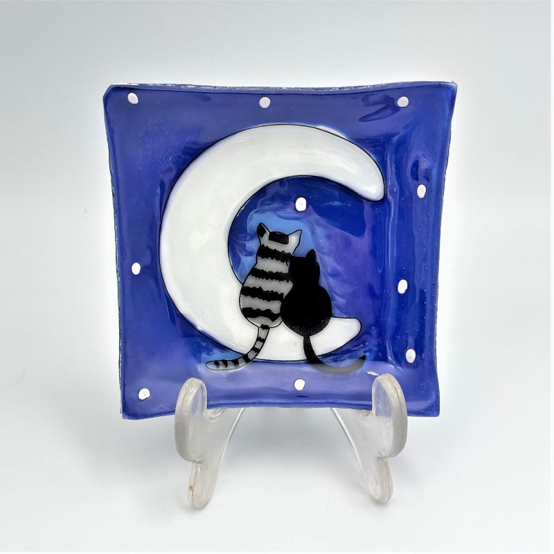 PamPeana Handmade Glass Soap Dish - Cats on Moon
