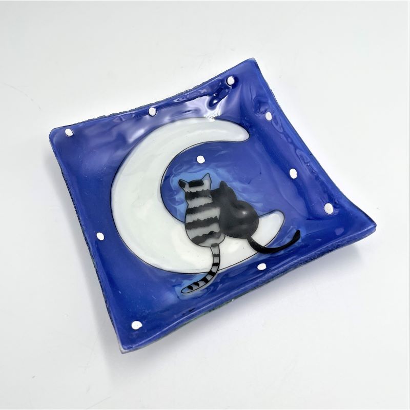 PamPeana Handmade Glass Soap Dish - Cats on Moon
