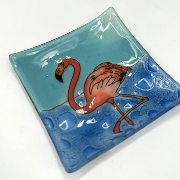 PamPeana Handmade Glass Soap Dish - Square Flamingo