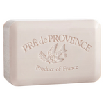 Bar of soap with "Pre de Provence, Product of France" and a dove engraved on it. Almond or Amande scented soap made in france