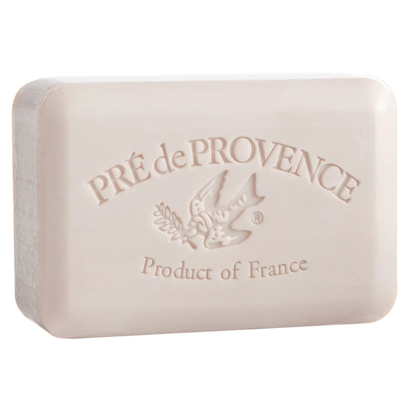Bar of soap with "Pre de Provence, Product of France" and a dove engraved on it. Almond or Amande scented soap made in france