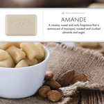 Pre de Provence Almond soap with almonds and marzipan on a wooden surface