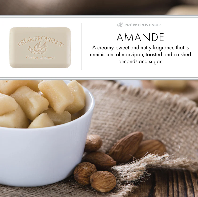 Pre de Provence Almond soap with almonds and marzipan on a wooden surface
