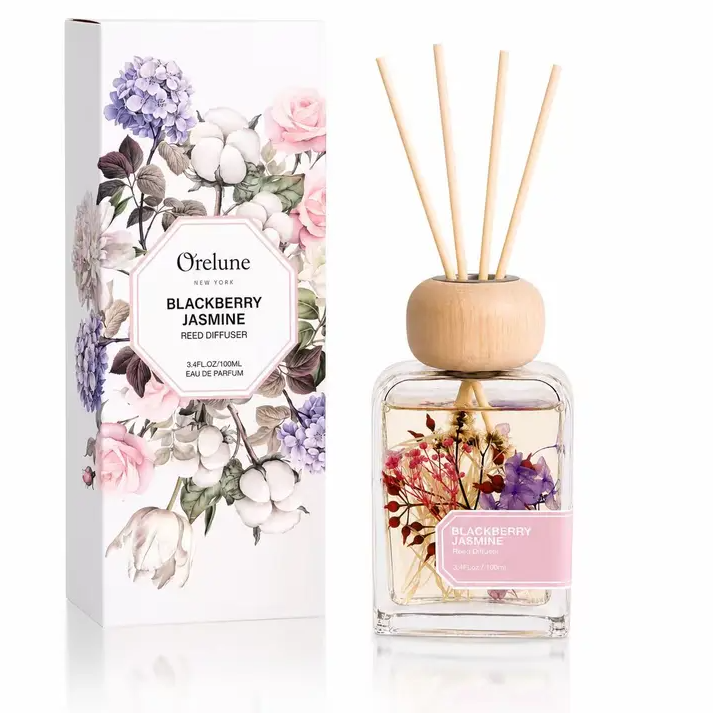 Orelune Blackberry Jasmine Reed Diffuser shown next to its floral-patterned packaging box on a clean white background.