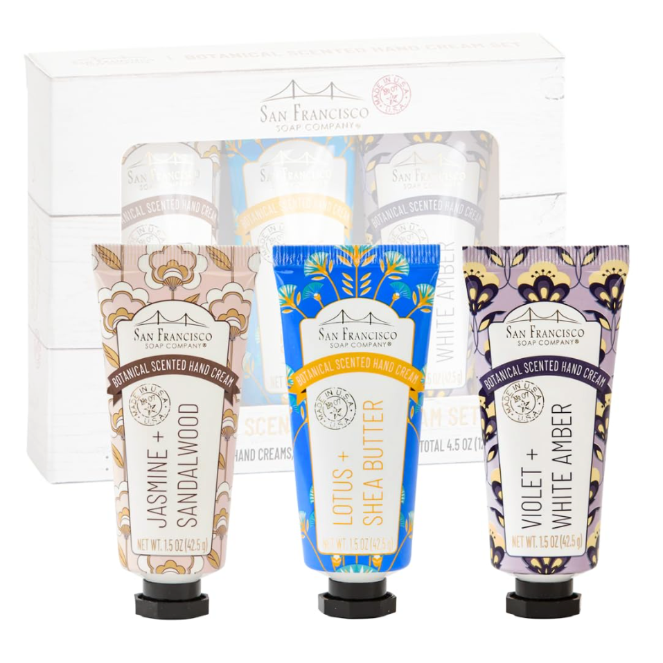 Set of San Francisco Botanical Gardens scented hand creams in a clear box.