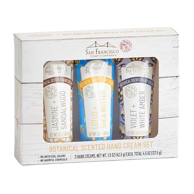 San Francisco Soap Company botanical scented hand cream set packaging on a white background