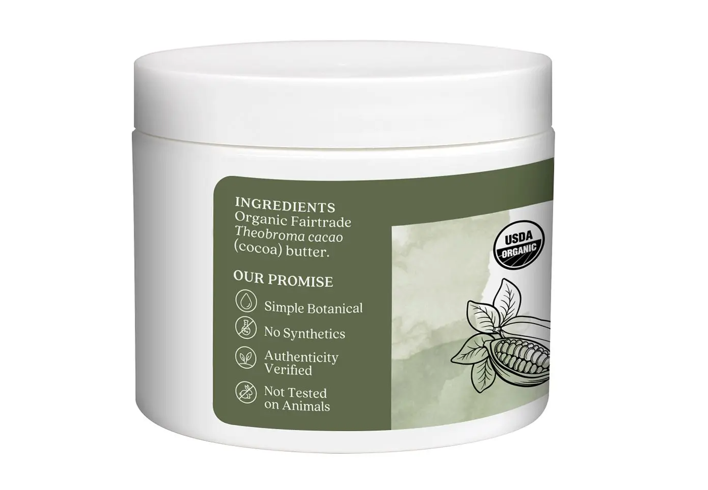 ingredients organic fairtrade theobroma cacao cocoa butter simple botanical no synthetics authenticity verified not tested on animals