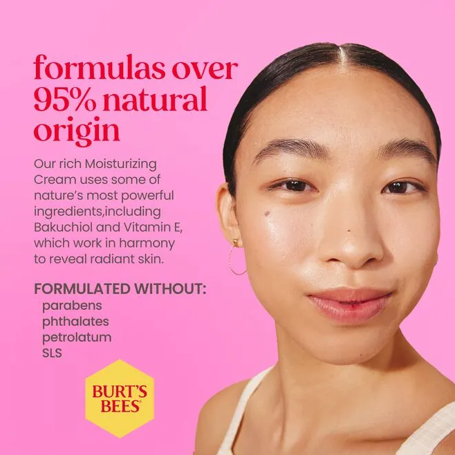 woman smiling formulas over ninety five percent natural origin formulated without parabens phthalates petrolatum and sls burts bees