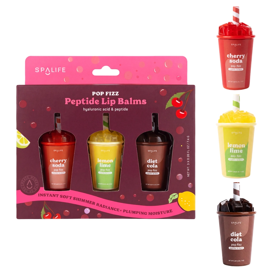 My Spa Life Pop Fizz Peptide Lip Balms Set of 3 - Cherry Soda, Lemon Lime & Diet Cola