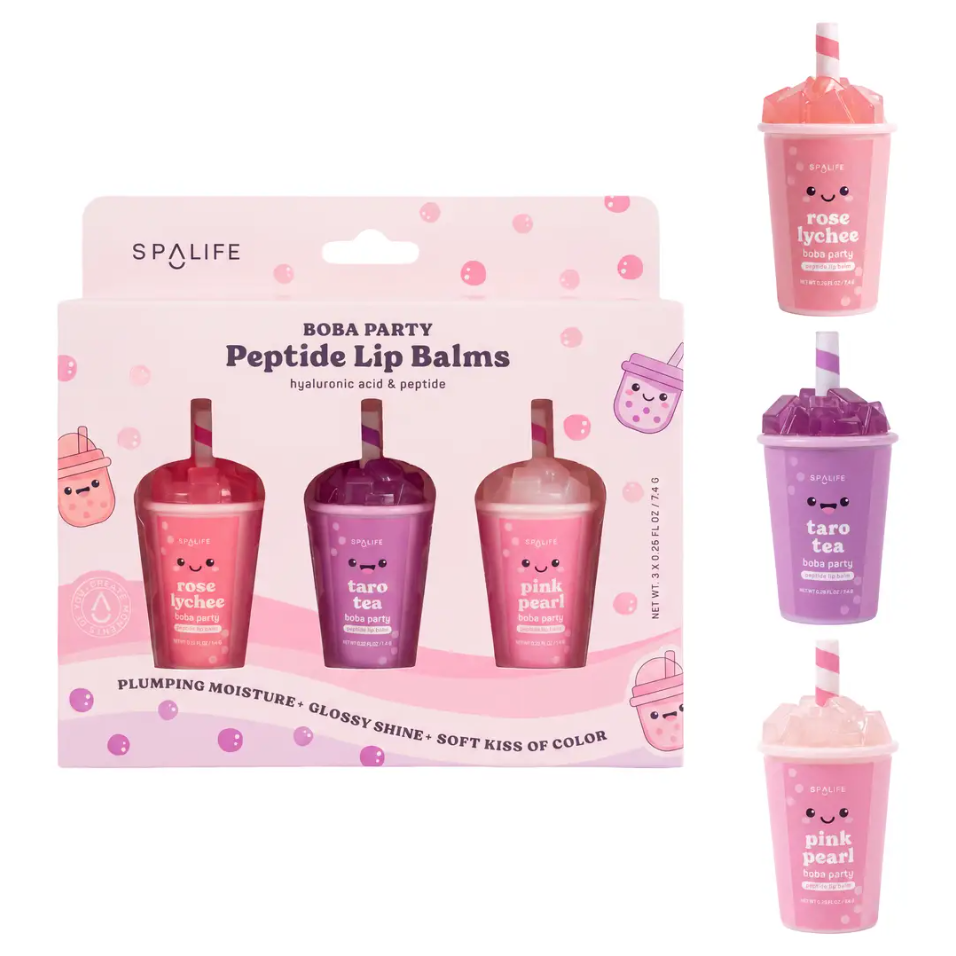 My Spa Life Boba Party Peptide Lip Balms Set of 3 - Rose Lychee, Taro Tea & Pink Pearl