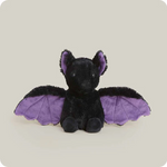 Bat stuffed animal with purple wings, to be used as a heating pad. Lavender scented