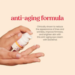 hands using eye cream clinically proven to reduce lines and reduce wrinkles and brighten skin