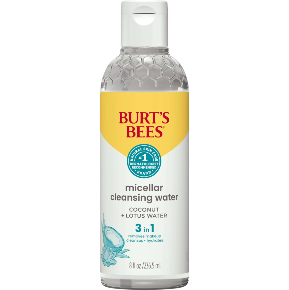 bottle of burts bees micellar cleansing water with coconut and lotus hydrating makeup remover 