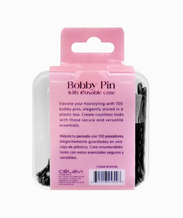 The back of a pack of 100 bobby pins with reusable case by Celavi. Text says "Elevate your hairstyling with 100 bobby pins, elegantly stored in a plastic box. Create countless looks with these secure and versatile essentials. Mejora tu peinado con 100 pasadores, elegantemente guardadas en una caja de plastico. Crea innumerables looks con estos esenciales seguros y verastiles".