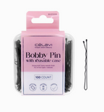 A pack of 100 bobby pins with a reusable case, from Celavi. Other text says "Strong hold | Spray metallic finish | For all hair types + textures".