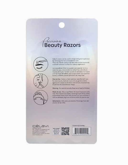 The back of a package of  6 "Precision Beauty Razors" by Celavi. There are some images showing ways you can use the razors: to shape eyebrows, to remove peach fuzz, and to remove small unwanted hairs. Includes details and instructions in English and Spanish.