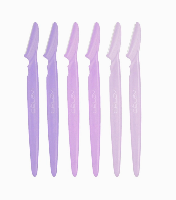 6 "Precision Beauty Razors" by Celavi. The razors have long plastic handles in shades of purple and pink, and the covers have been removed to reveal slim blades.