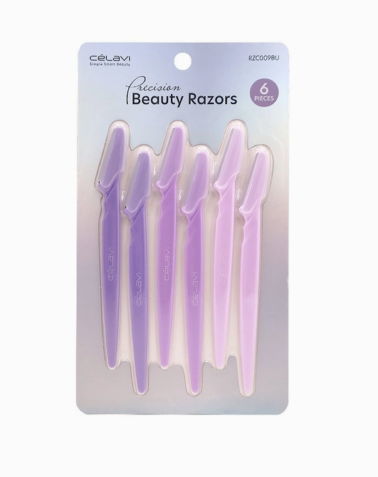 A package of 6 "Precision Beauty Razors" by Celavi. The razors have long plastic handles in shades of purple and pink, and each blade has a over on it.