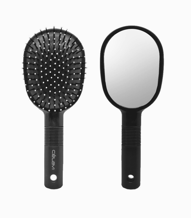 A Celavi "Pro Styling Brush / ROUND PADDLE BRUSH WITH MIRROR". Front view: Hair brush is black all over, except of the very tips of its bristles, which are white. Back view: There is a mirror on the back of the brush.
