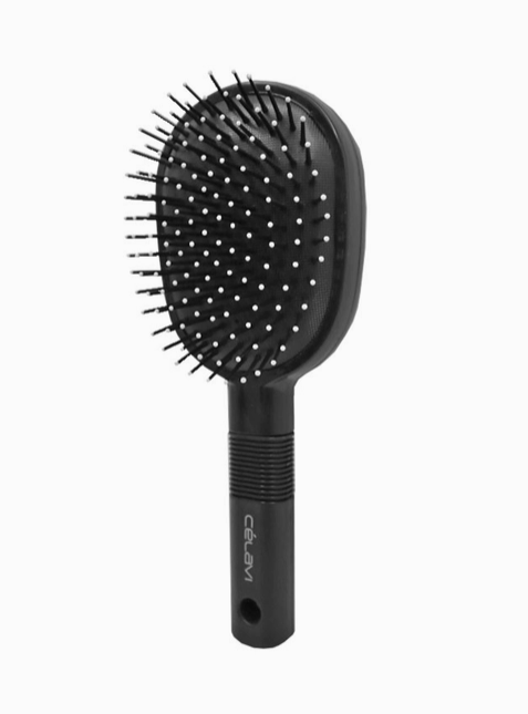 A Celavi "Pro Styling Brush / ROUND PADDLE BRUSH WITH MIRROR". Hair brush is black all over, except of the very tips of its bristles, which are white.