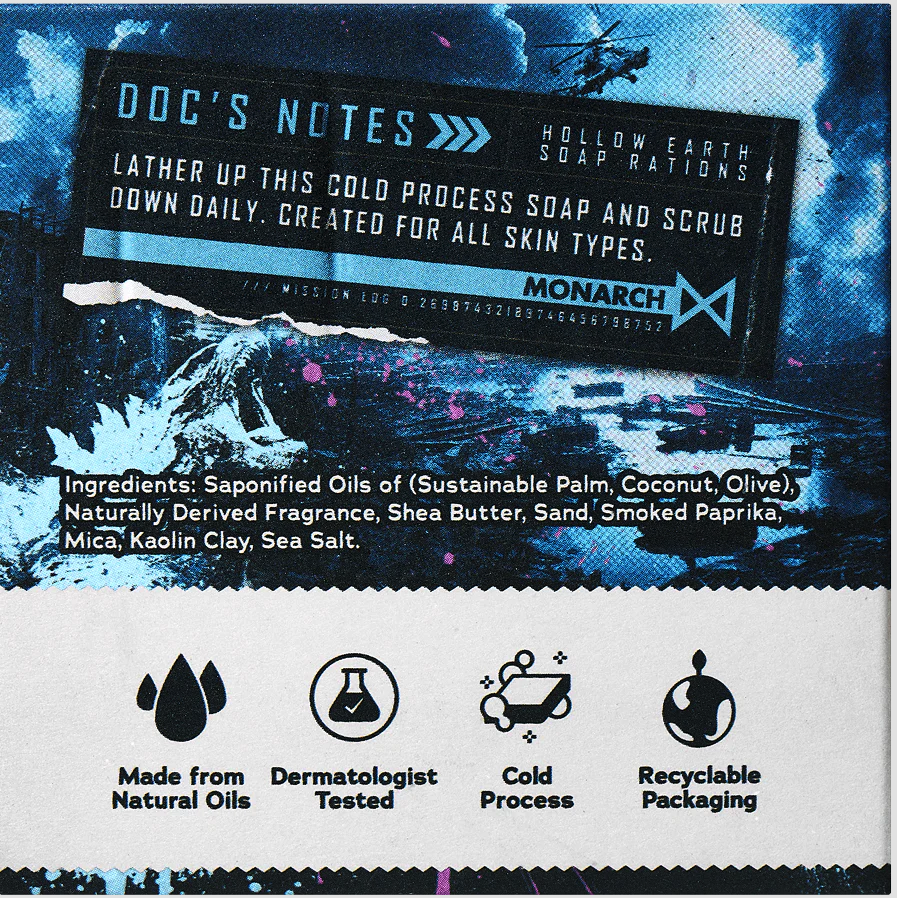 Godzilla soap packaging with branding and product details on a blue and white background