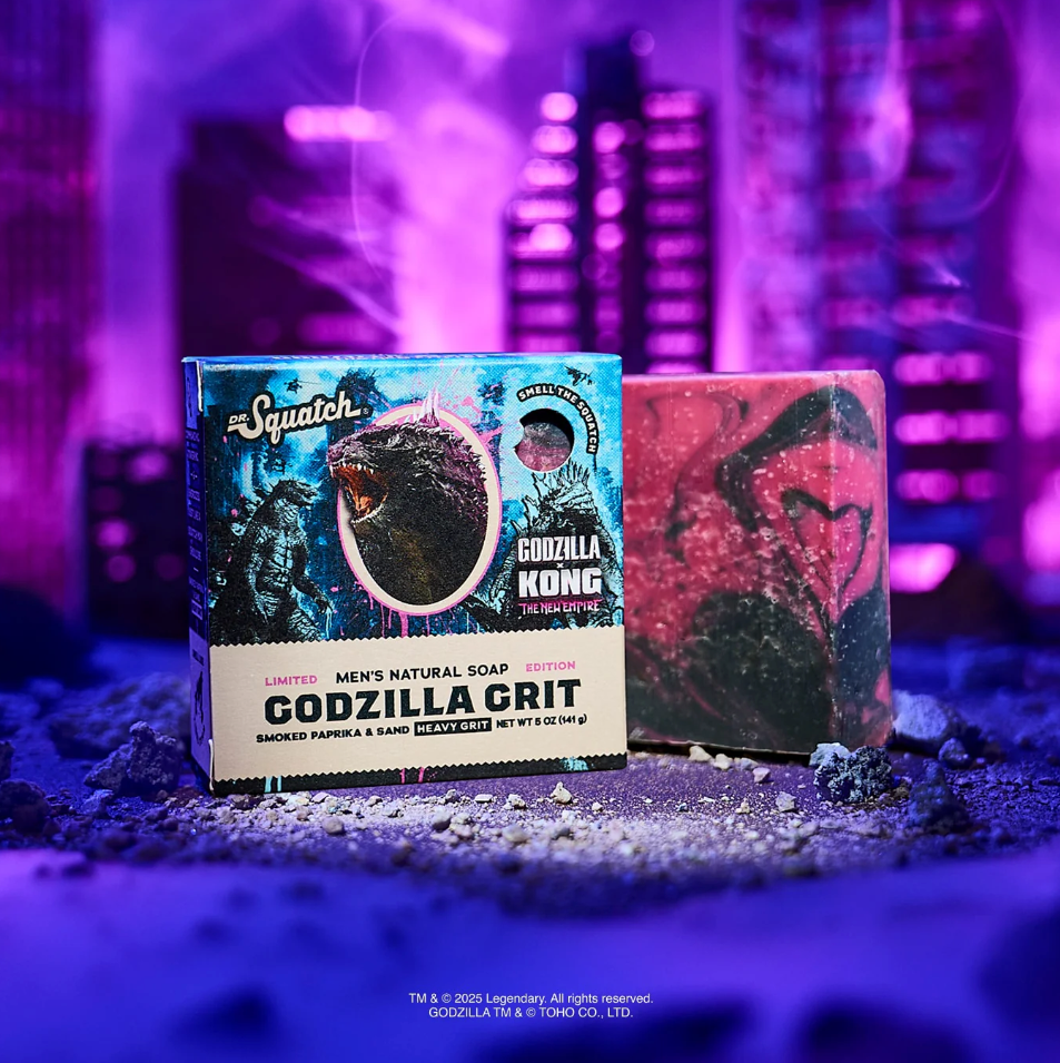 Godzilla vs Kong marbled heavy grit soap and packaging with a cityscape background