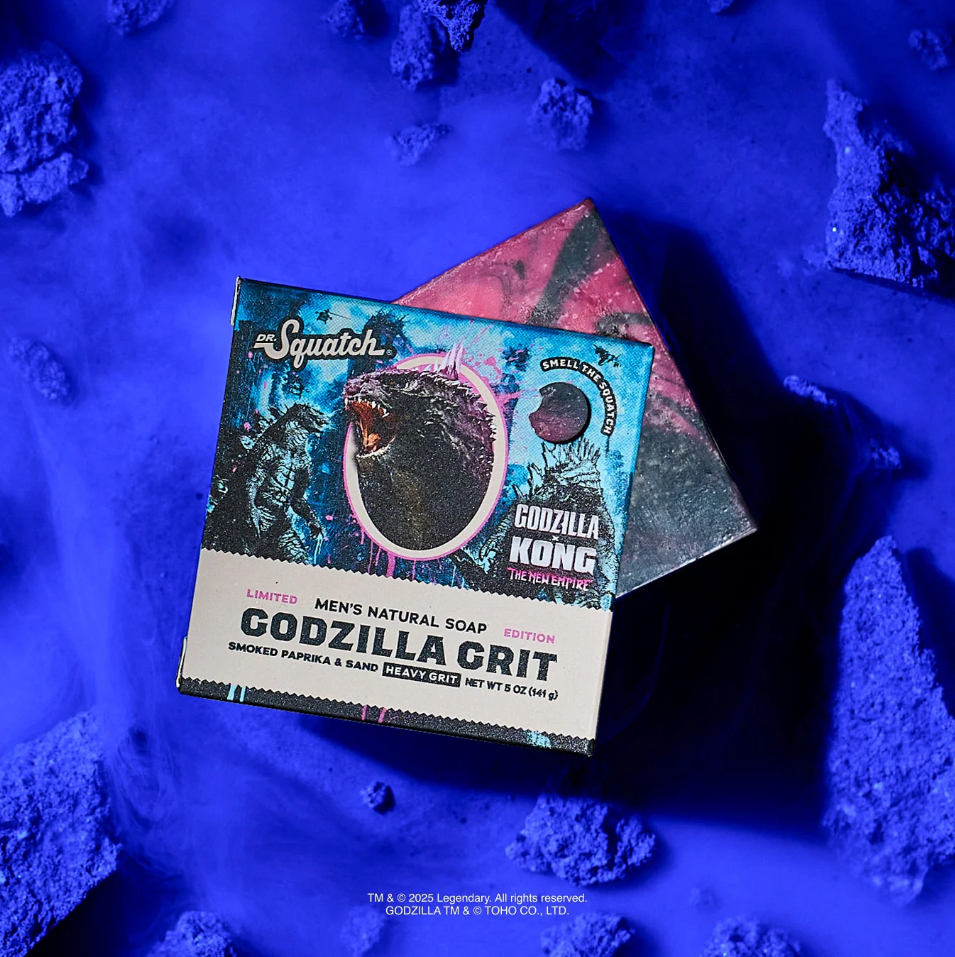 Godzilla Kong soap packaging on a blue textured background