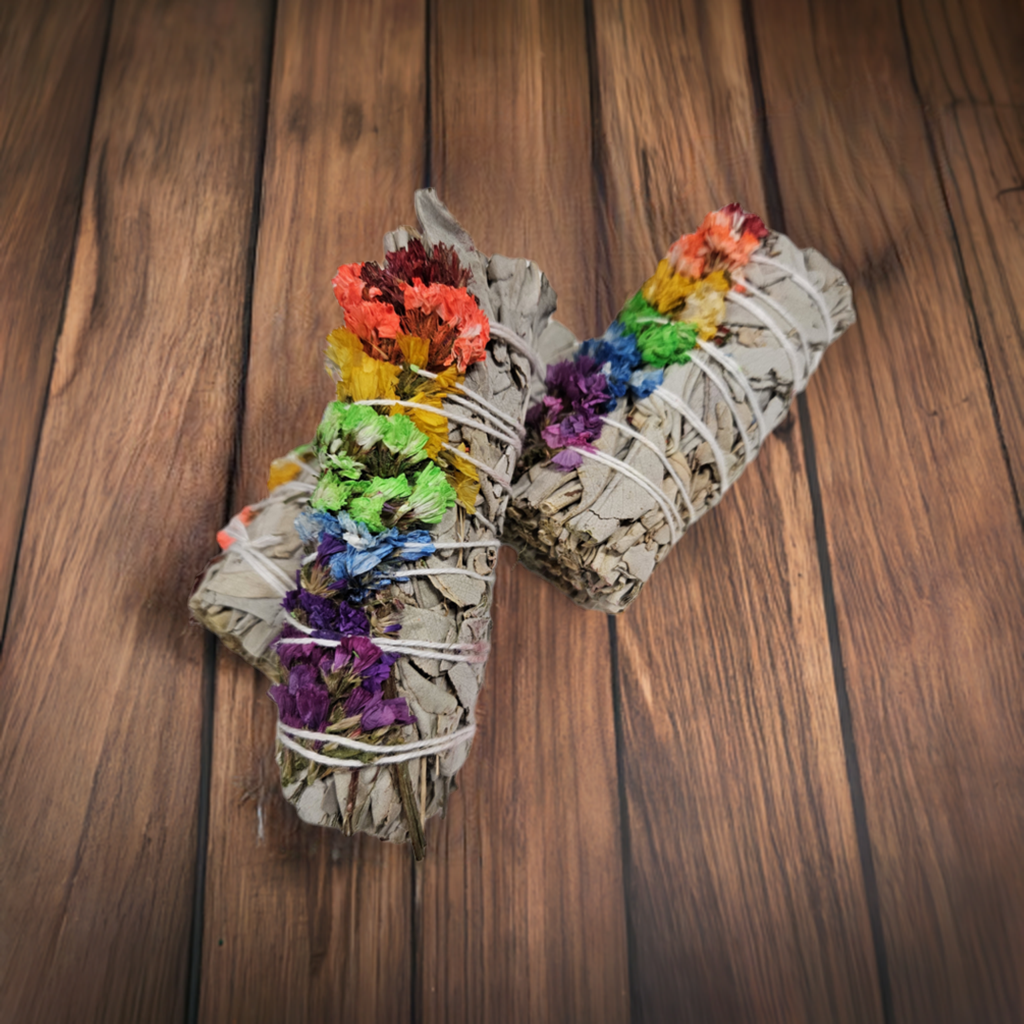 White Sage Smudge Stick with Chakra Flowers