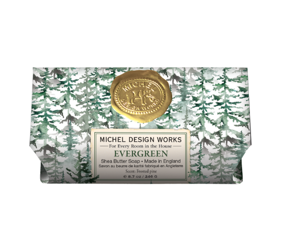 Michel Design Works Evergreen Shea Butter Soap in a 9.7 oz paperboard packaging featuring a green pine tree pattern, a gold wax seal, and a white label.