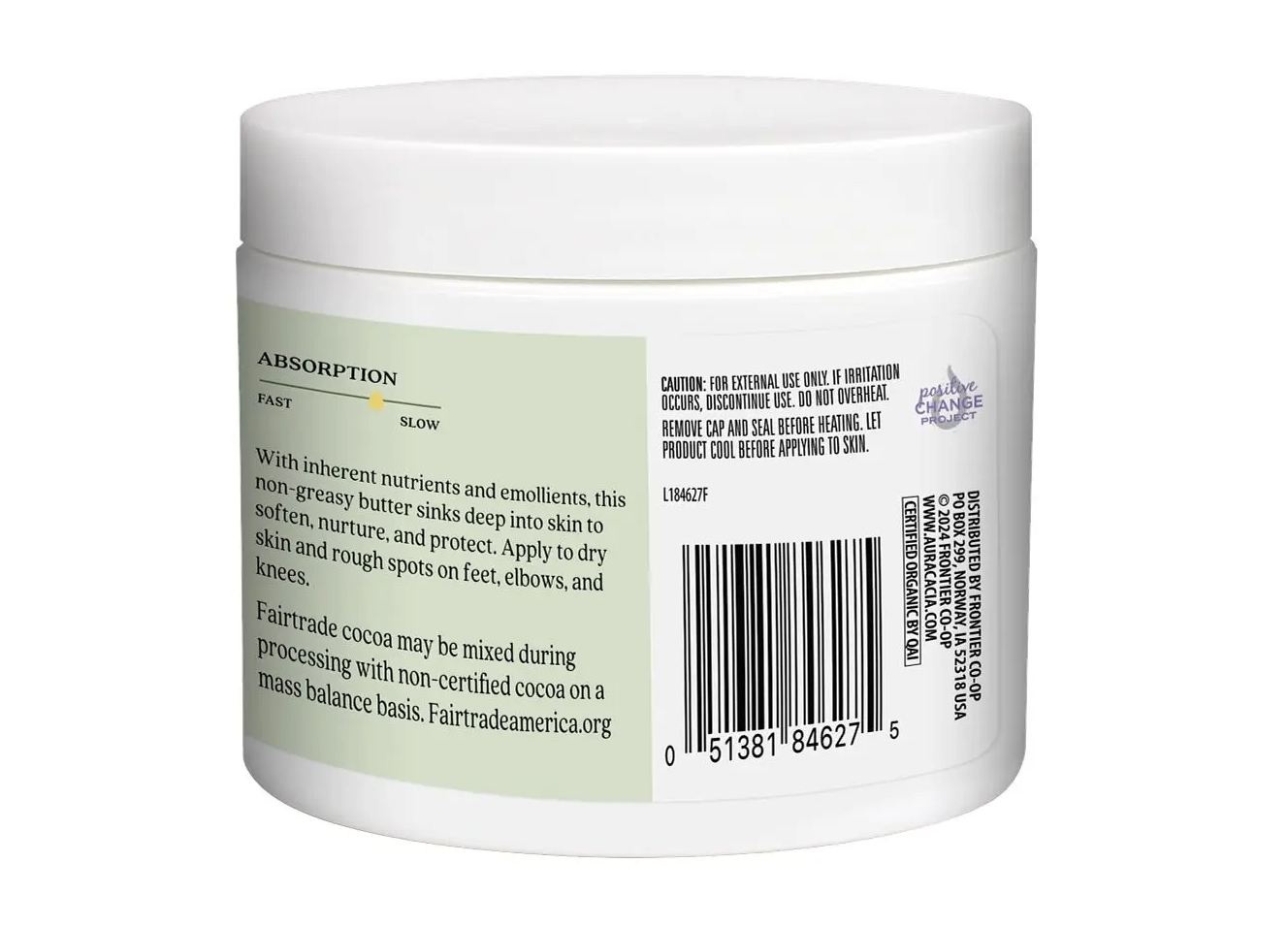 side of cocoa butter jar organic fair trade information apply to dry skin and rough spots
