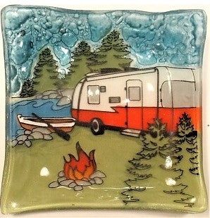 PamPeana Handmade Glass Soap Dish - Camper with Canoe