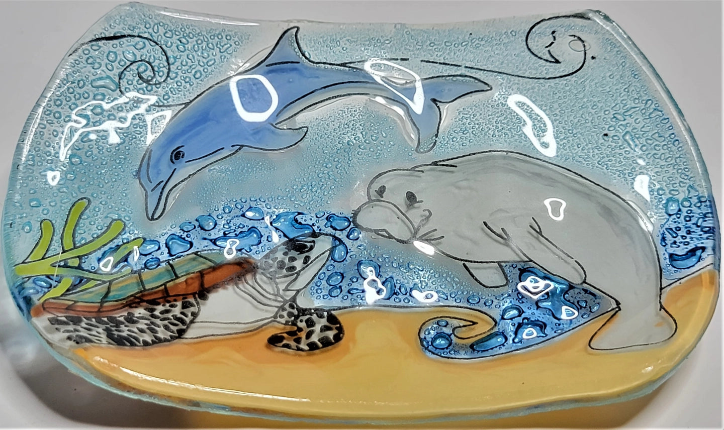 PamPeana Handmade Glass Soap Dish - Manatee, Dolphin, Turtle (Oval)
