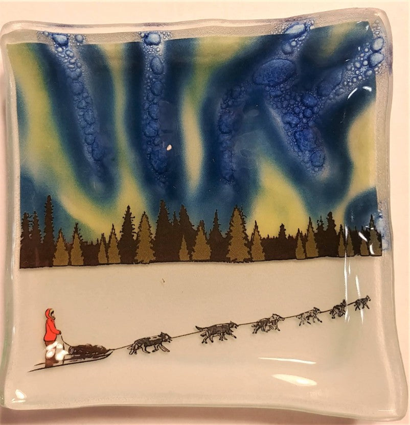 PamPeana Handmade Glass Soap Dish - Northern Lights with Sled Dog