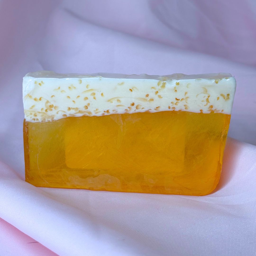 Yellow IPA beer alcohol soap bar with white top foam cheers
