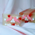 Novelty Valentine's Day Just Because Hearts and Love Birds soap bar with pink birds and red hearts and white hearts on a white background