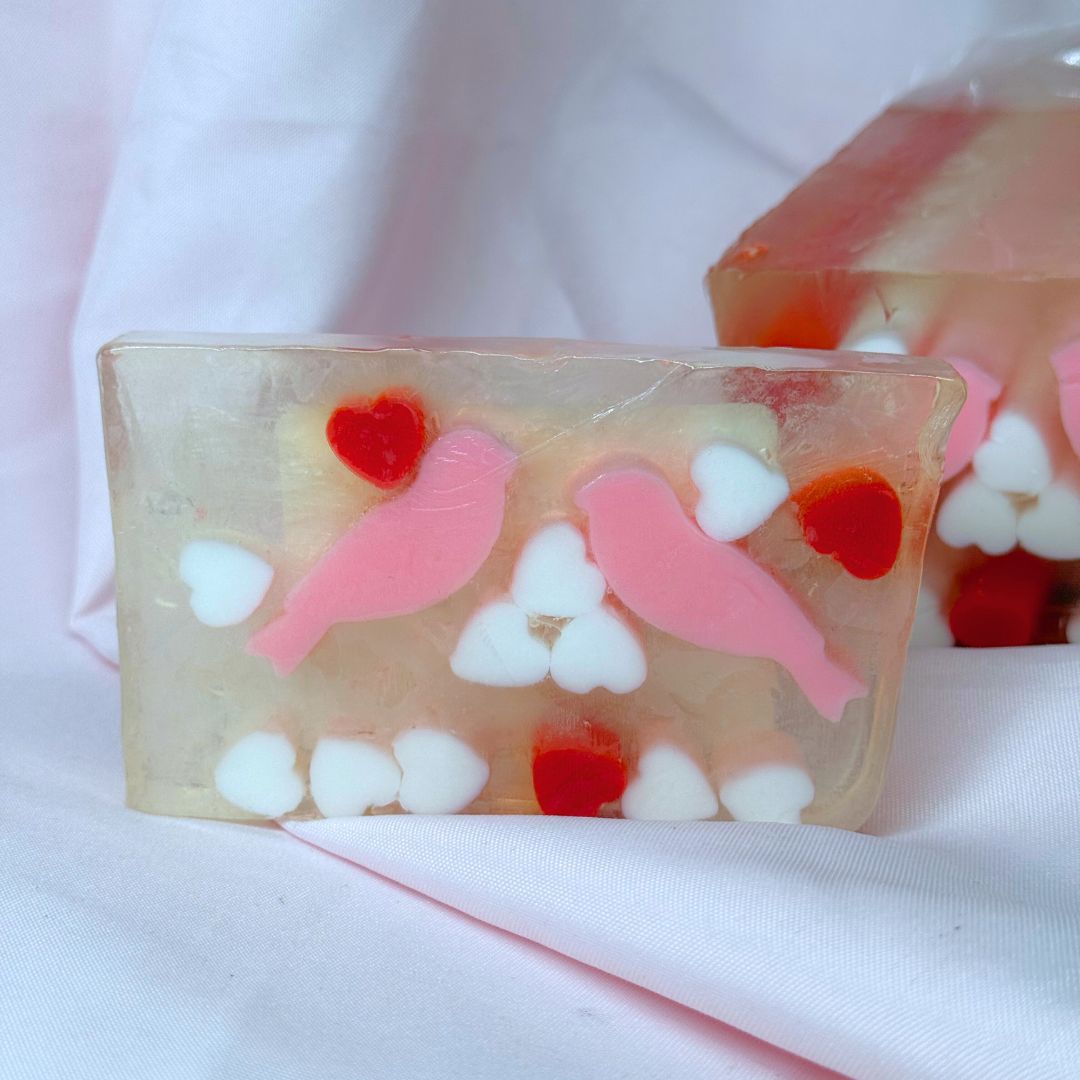 Novelty Valentine's Day Just Because Hearts and Love Birds soap bar with pink birds and red hearts and white hearts on a white background