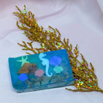 Blue vegetable glycerin decorative soap with underwater scene seahorse shells starfish coral design on a white background gold coral decal